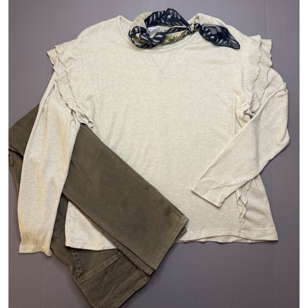 American Rag Cie Womens Ruffle Long Sleeve Knit Top Oatmeal Beige Size L